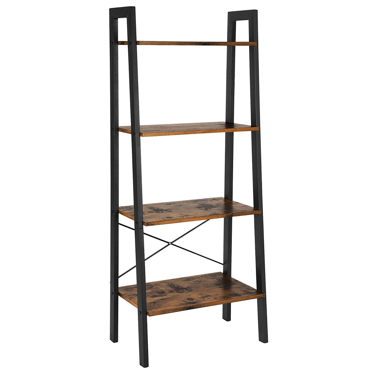 BM193923 - Four Tiered Rustic Wooden Ladder Shelf with Iron Framework, Brown and Black