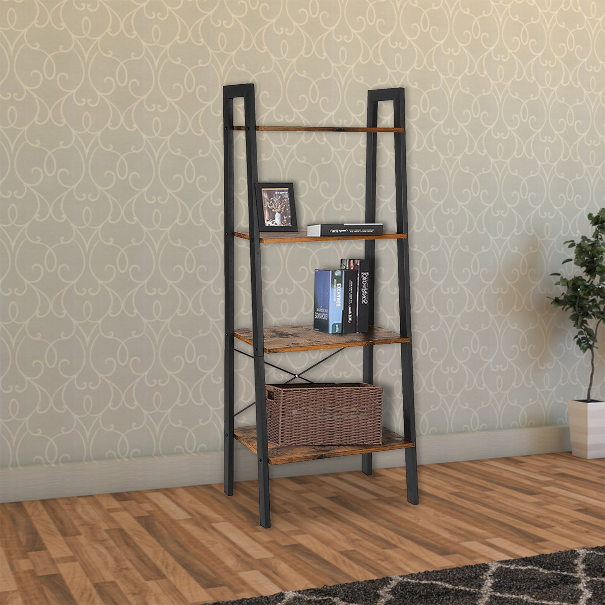 Four Tiered Rustic Wooden Ladder Shelf with Iron Framework, Brown and Black - BM193923