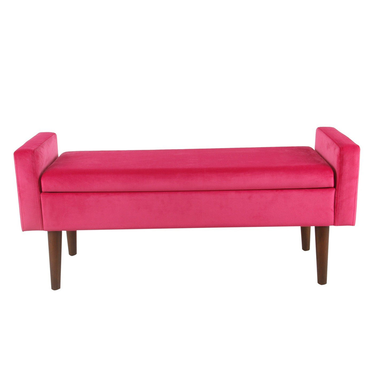 BM193992 - Velvet Upholstered Wooden Bench with Tapered Legs and Track Armrest, Pink and Brown