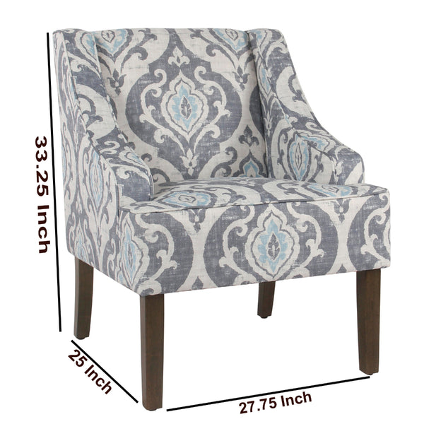 BM193999 - Fabric Upholstered Wooden Accent Chair with Swooping Armrests and Damask Pattern Design, Multicolor