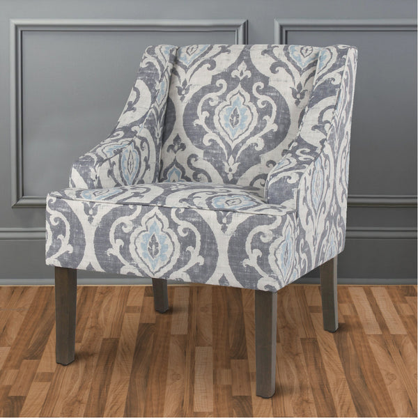 BM193999 - Fabric Upholstered Wooden Accent Chair with Swooping Armrests and Damask Pattern Design, Multicolor