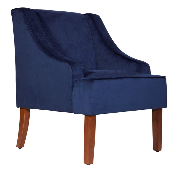 BM194008 - Velvet Fabric Upholstered Wooden Accent Chair with Swooping Armrests, Blue and Brown
