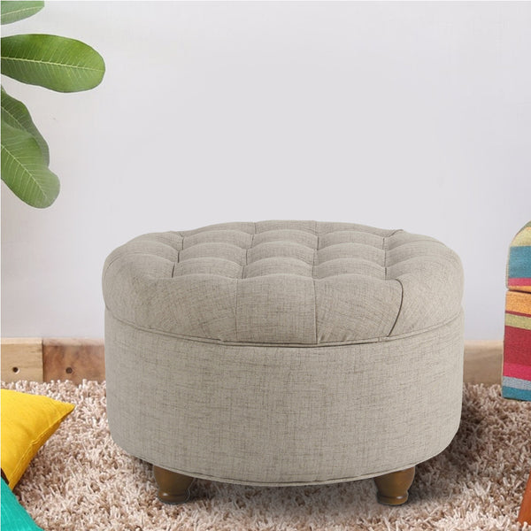 BM194141 - Fabric Upholstered Wooden Ottoman with Tufted Lift Off Lid Storage, Beige