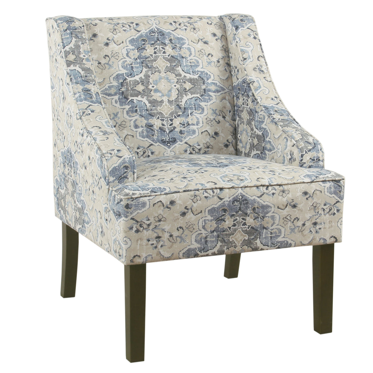 BM194148 - Fabric Upholstered Wooden Accent Chair with Swooping Armrests, Blue, Cream and Brown