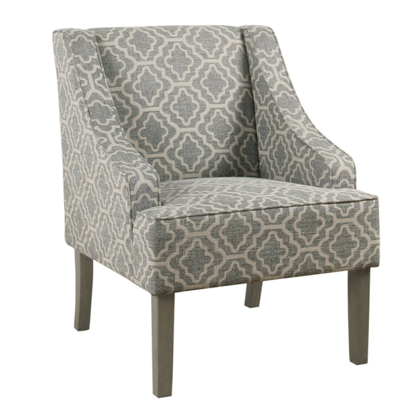 BM194152 - Trellis Pattern Fabric Upholstered Wooden Accent Chair with Swooping Armrests, Gray, White and Brown