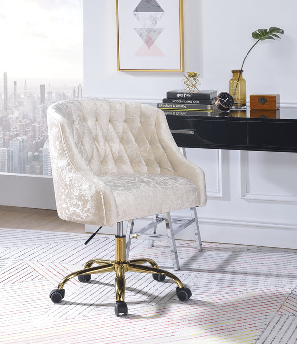 Swivel Velvet Upholstered Office Chair with Adjustable Height and Metal Base, Cream and Gold  - BM194309