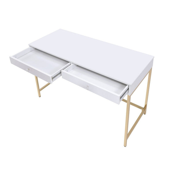 Two Drawers Wooden Desk with Tubular Metal Base, White and Gold  - BM194312