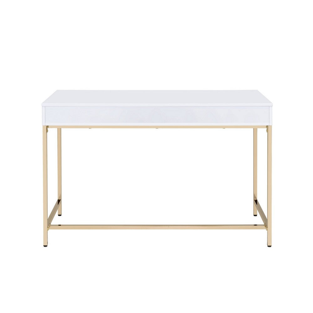 47 Modern Rectangular White Writing Desk with Gold Metal Base Wooden Home Office Desk with Drawer