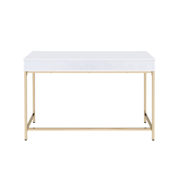 Two Drawers Wooden Desk with Tubular Metal Base, White and Gold  - BM194312