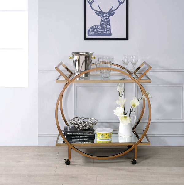 Metal Serving Cart with Mirrored Open Shelf and Tubular Angled Handles, Gold and Clear  - BM194342