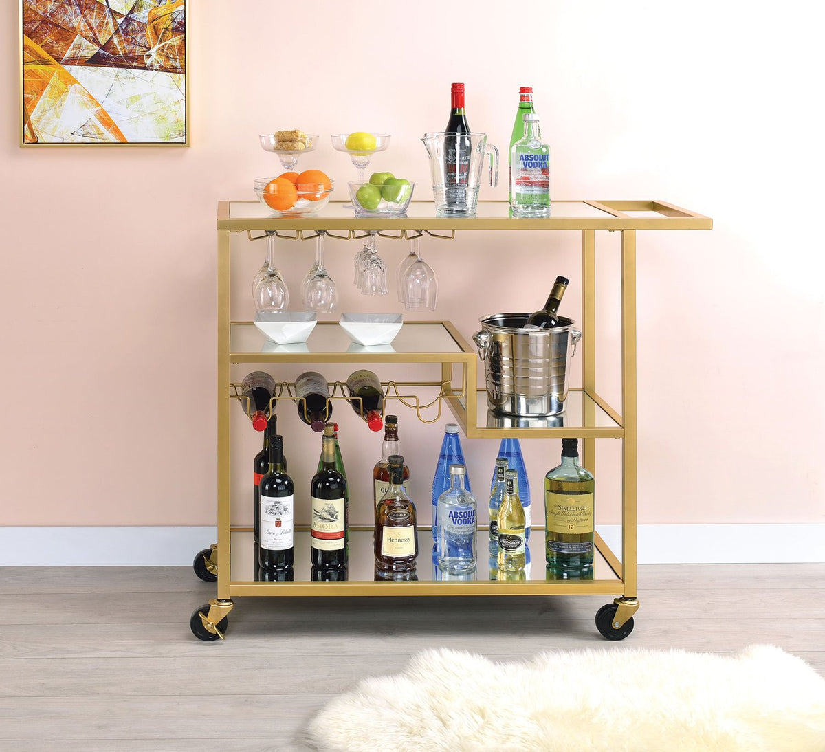 Rectangular Metal Serving Cart with Stemware and Bottle Holder, Gold - BM194348