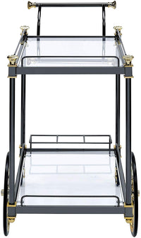 BM194350 Metal Framed Serving Cart with Glass Shelves and Side Handle, Black and Gold