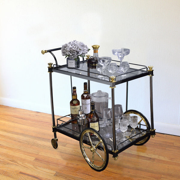 BM194350 Metal Framed Serving Cart with Glass Shelves and Side Handle, Black and Gold