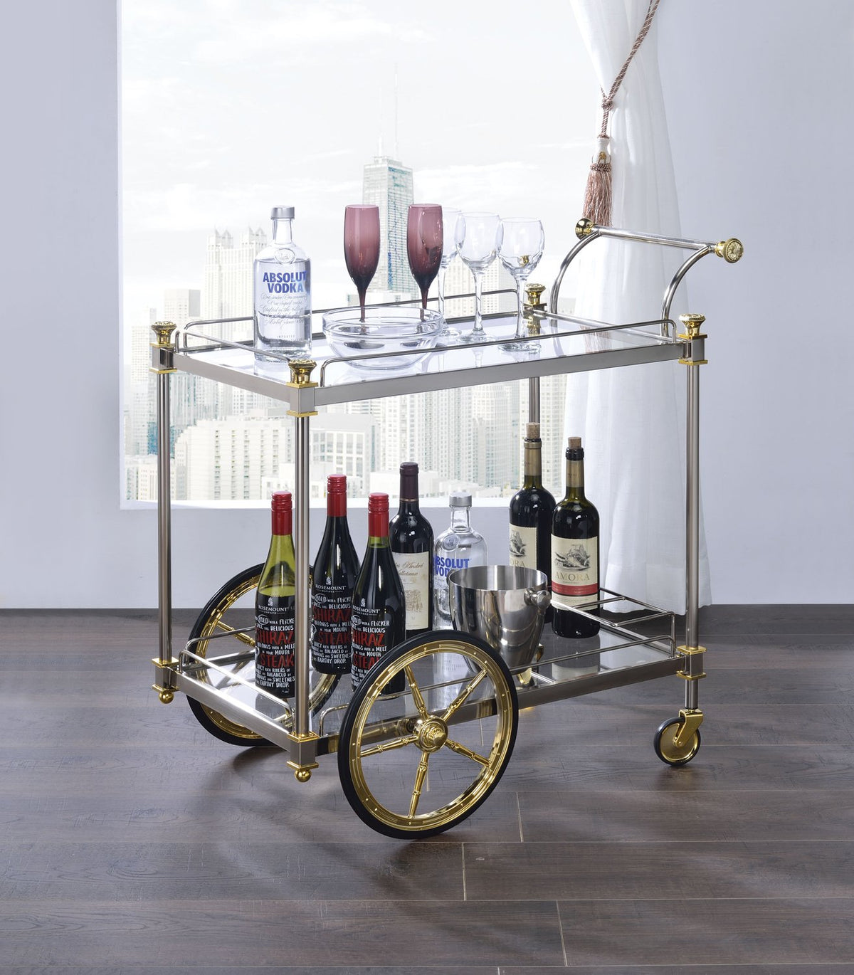 Metal Framed Serving Cart with Glass Shelves and Side Handle, Silver and Gold  - BM194351