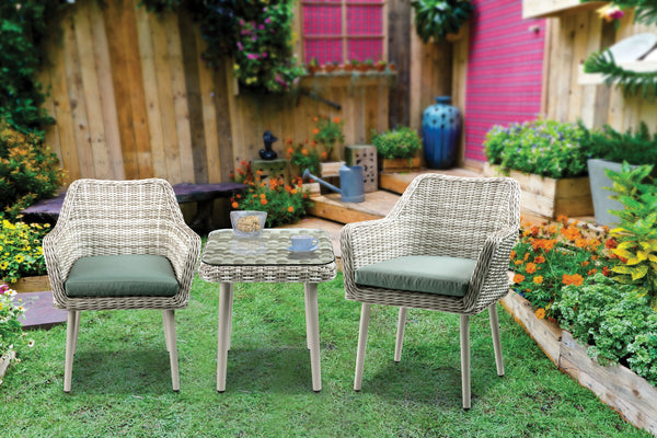 Resin Wicker and Metal Patio Bistro Set with Two Chairs and Table, Beige and Green, Set of Three  - BM194435