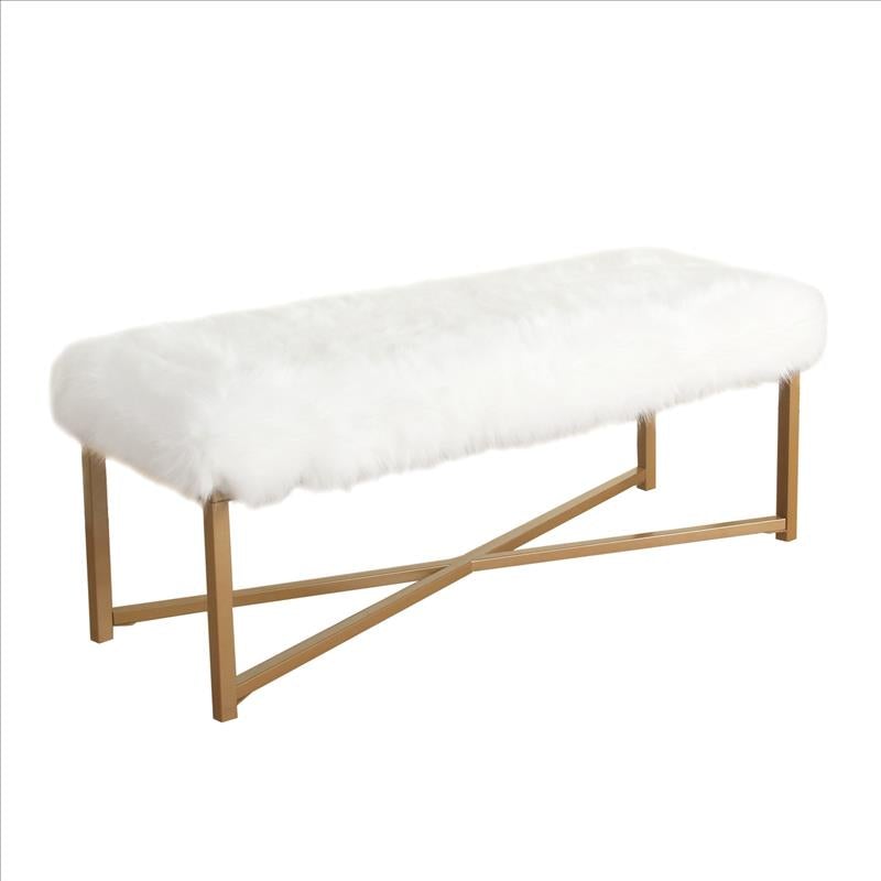 Faux fur Upholstered Rectangular Bench with Crossed Metal Base, White and Gold - BM194864