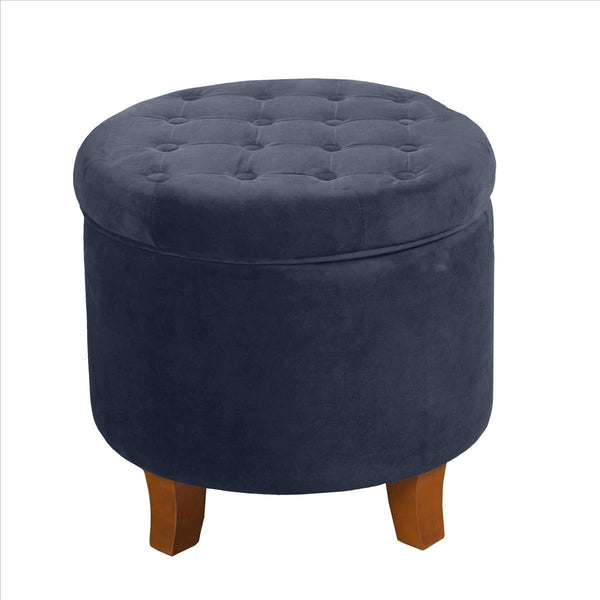 Button Tufted Velvet Upholstered Wooden Ottoman with Hidden Storage, Dark Blue and Brown - BM194928