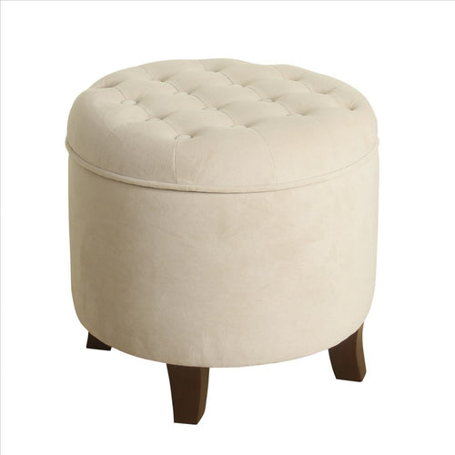 Button Tufted Velvet Upholstered Wooden Ottoman with Hidden Storage, Cream and Brown - BM194931