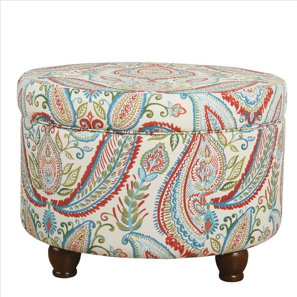 Paisley Pattern Fabric Upholstered Wooden Ottoman with Hidden Storage, Multicolor - BM194941