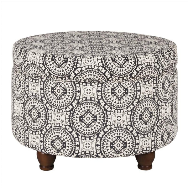 Medallion Pattern Fabric Upholstered Ottoman with Wooden Bun Feet, Cream and Black - BM194943