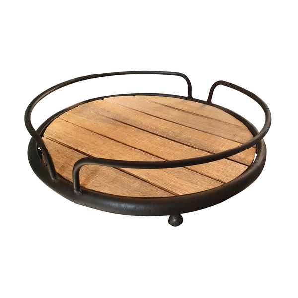 Round Tubular Metal Frame Tray with Plank Style Wooden Base, Brown and Black - BM195136