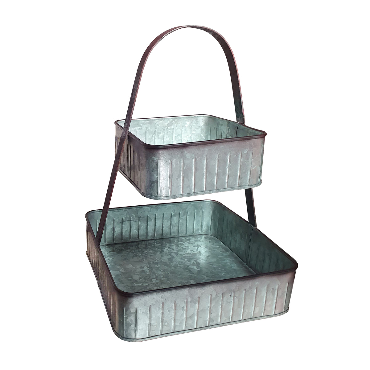 2 Tier Square Galvanized Metal Corrugated Tray with Arched Handle, Gray - BM195137