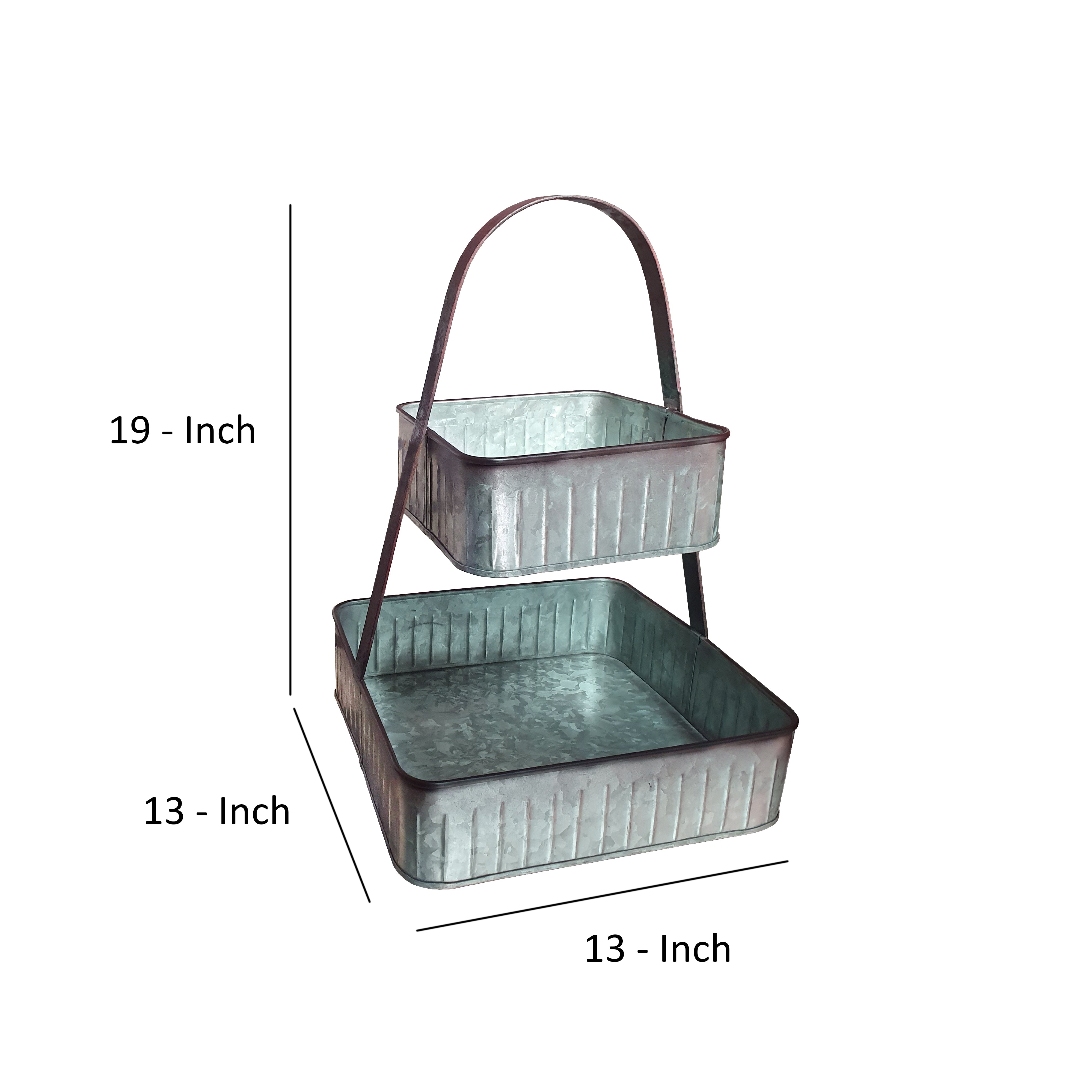 Benjara 2 Tier Square Galvanized Metal Corrugated Tray with Arched