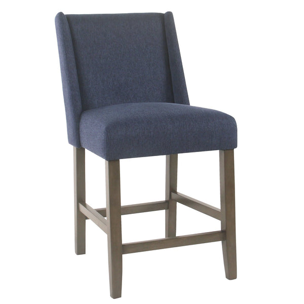 BM195169 - Fabric Upholstered Wooden Counter Stool with Curved Backrest and Cushion Seat, Navy Blue