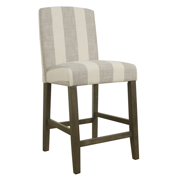 BM195196 - Fabric Upholstered Wooden Barstool with Awning Stripe Pattern, White and Gray, Small