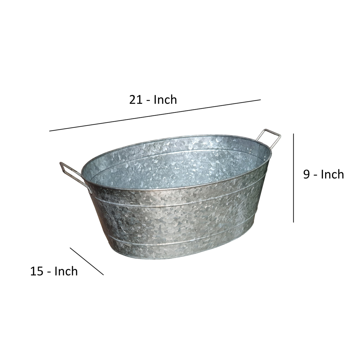 Lola Embossed Design Oval Shape Galvanized Steel Tub with Side Handles, Small, Silver - BM195212