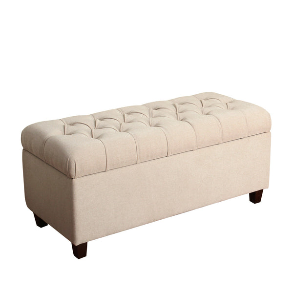 BM195761 - Fabric Upholstered Button Tufted Wooden Bench With Hinged Storage, Cream and Brown