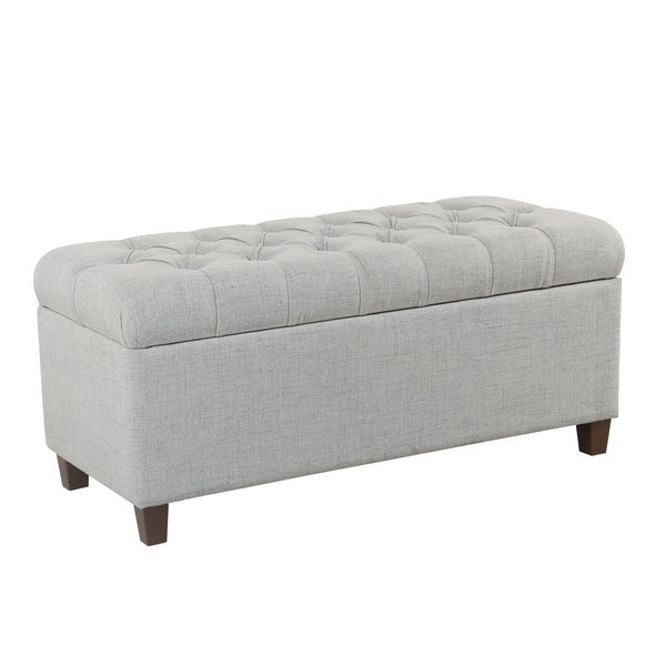 BM195766 - Fabric Upholstered Button Tufted Wooden Bench With Hinged Storage, Light Gray and Brown
