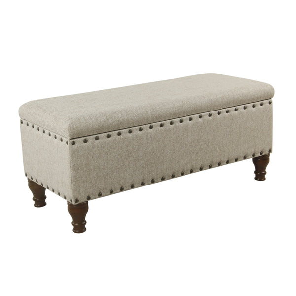 Textured Fabric Upholstered Wooden Storage Bench With Nail head Trim, Large, Beige and Brown - BM195773