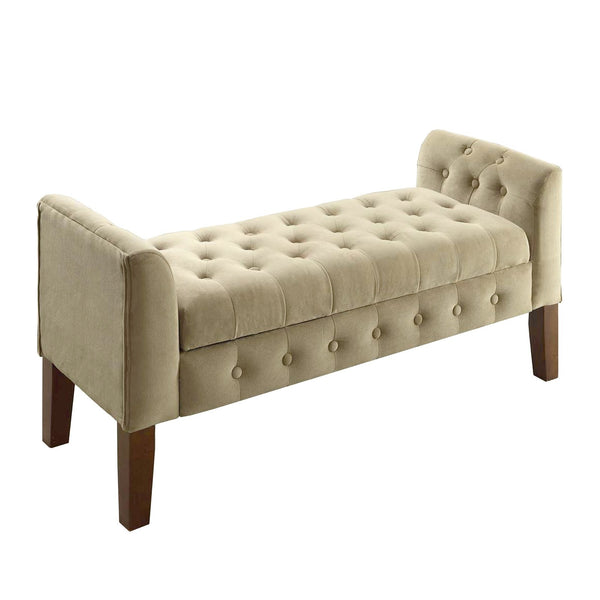BM195777 - Velvet Upholstered Button Tufted Wooden Bench Settee With Hinged Storage, Beige and Brown