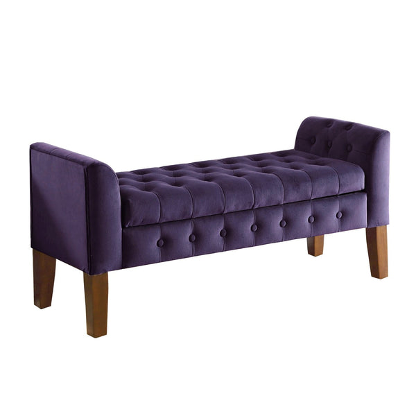 BM195780 - Velvet Upholstered Button Tufted Wooden Bench Settee With Hinged Storage, Purple and Brown