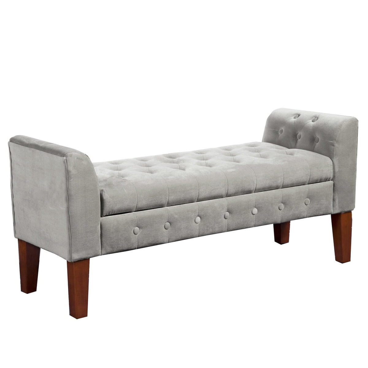 BM195781 - Velvet Upholstered Button Tufted Wooden Bench Settee With Hinged Storage, Gray and Brown