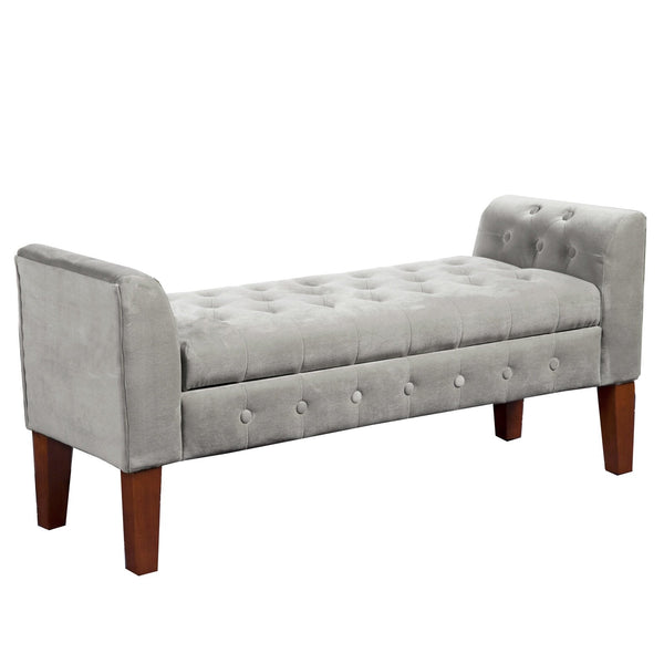 BM195781 - Velvet Upholstered Button Tufted Wooden Bench Settee With Hinged Storage, Gray and Brown
