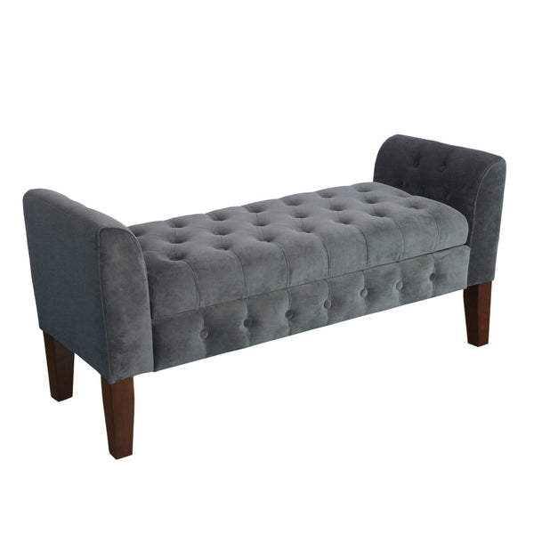 BM195783 - Velvet Upholstered Button Tufted Wooden Bench Settee With Hinged Storage, Dark Gray and Brown