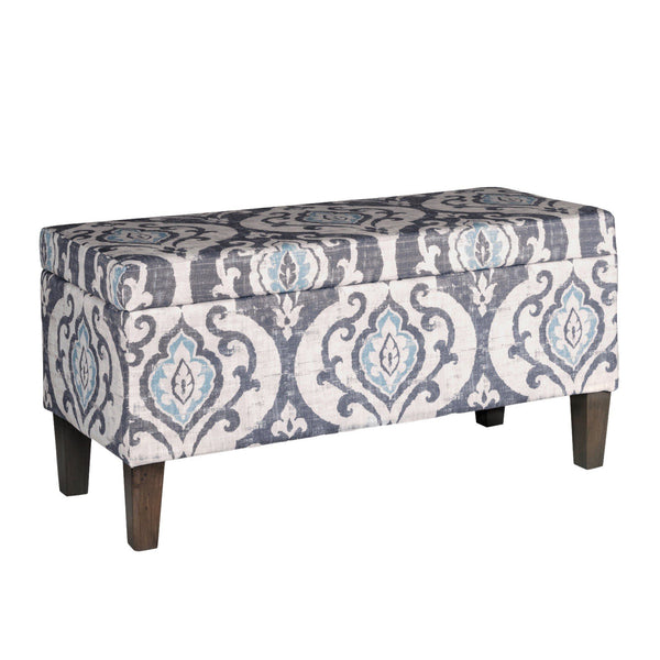 BM195784 - Damask Patterned Fabric Upholstered Wooden Bench With Hinged Storage, Large, Multicolor