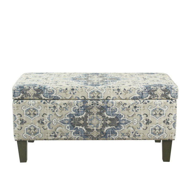 BM195785 - Medallion Print Fabric Upholstered Wooden Bench With Hinged Storage, Large, Blue and Cream
