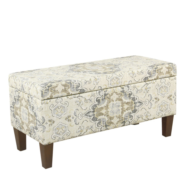 BM195786 - Medallion Print Fabric Upholstered Wooden Bench With Hinged Storage, Large, Brown and Cream