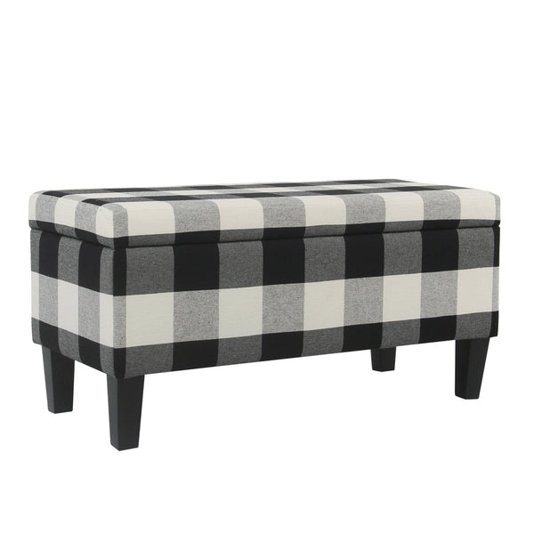 BM195794 - Checkered Pattern Fabric Upholstered Storage Bench With Tapered Wood Legs, Large, Black and White