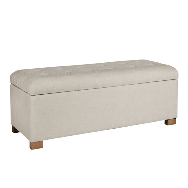 BM195809 - Polyester Upholstery Bench With Button Tufted Hinged Lid Storage And Wood Feet, Large, Light Gray