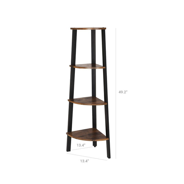 Four Tier Ladder Style Wooden Corner Shelf with Iron Framework, Brown and Black - BM195830