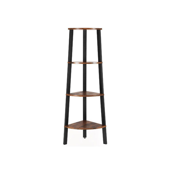 Four Tier Ladder Style Wooden Corner Shelf with Iron Framework, Brown and Black - BM195830