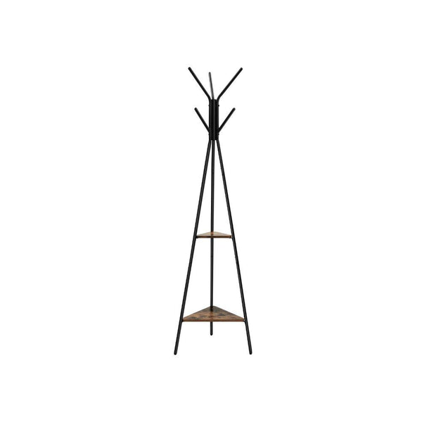 Iron Framed Coat Rack Stand with Six Hooks and Two Wooden Shelf, Black and Brown - BM195833