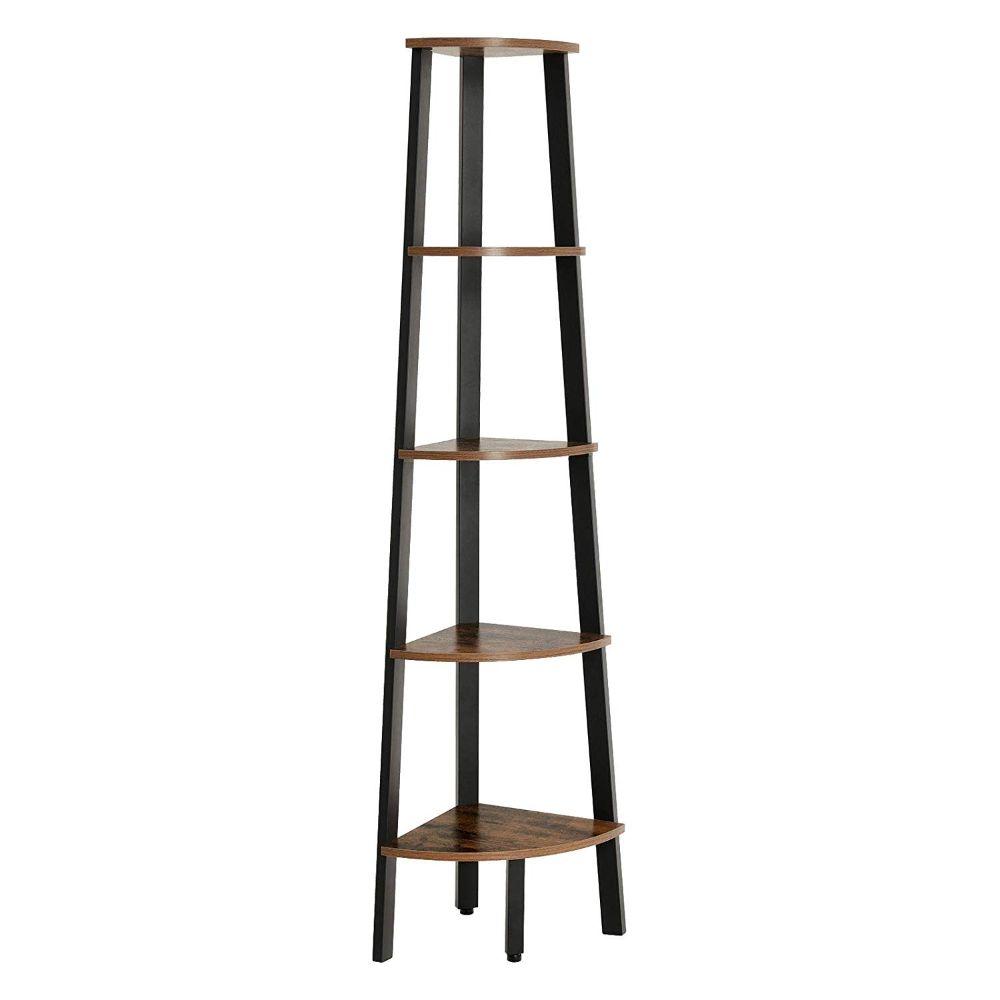 Five Tier Ladder Style Wooden Corner Shelf with Iron Framework, Brown and Black - BM195835