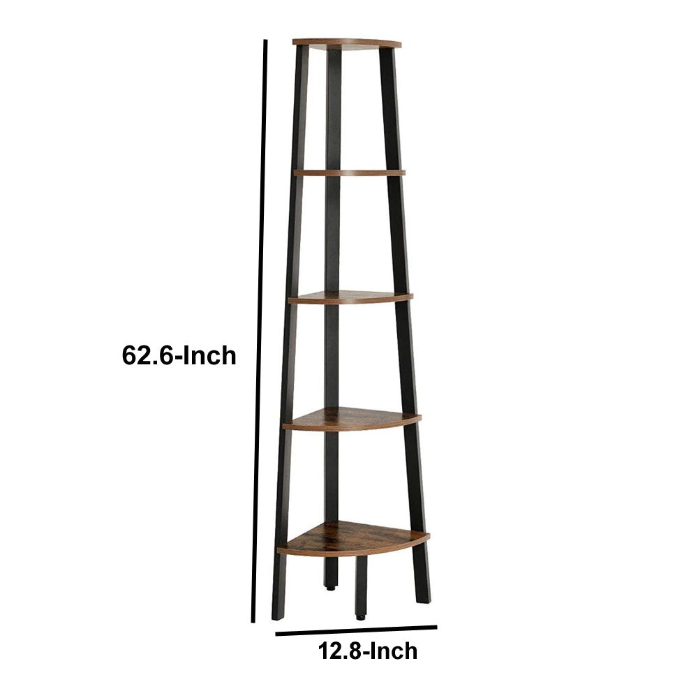 Five Tier Ladder Style Wooden Corner Shelf with Iron Framework, Brown and Black - BM195835