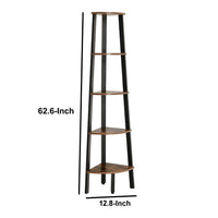 Five Tier Ladder Style Wooden Corner Shelf with Iron Framework, Brown and Black - BM195835