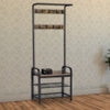 Wood and Metal Tubular Frame Hall Tree with 9 Hooks, Rustic Brown and Black - BM195838